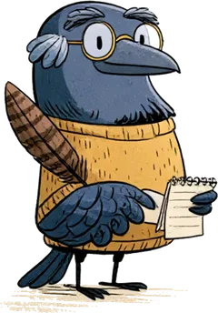 The professor crow, in round gold glasses and a mustard sweater, holding a quill and a notepad